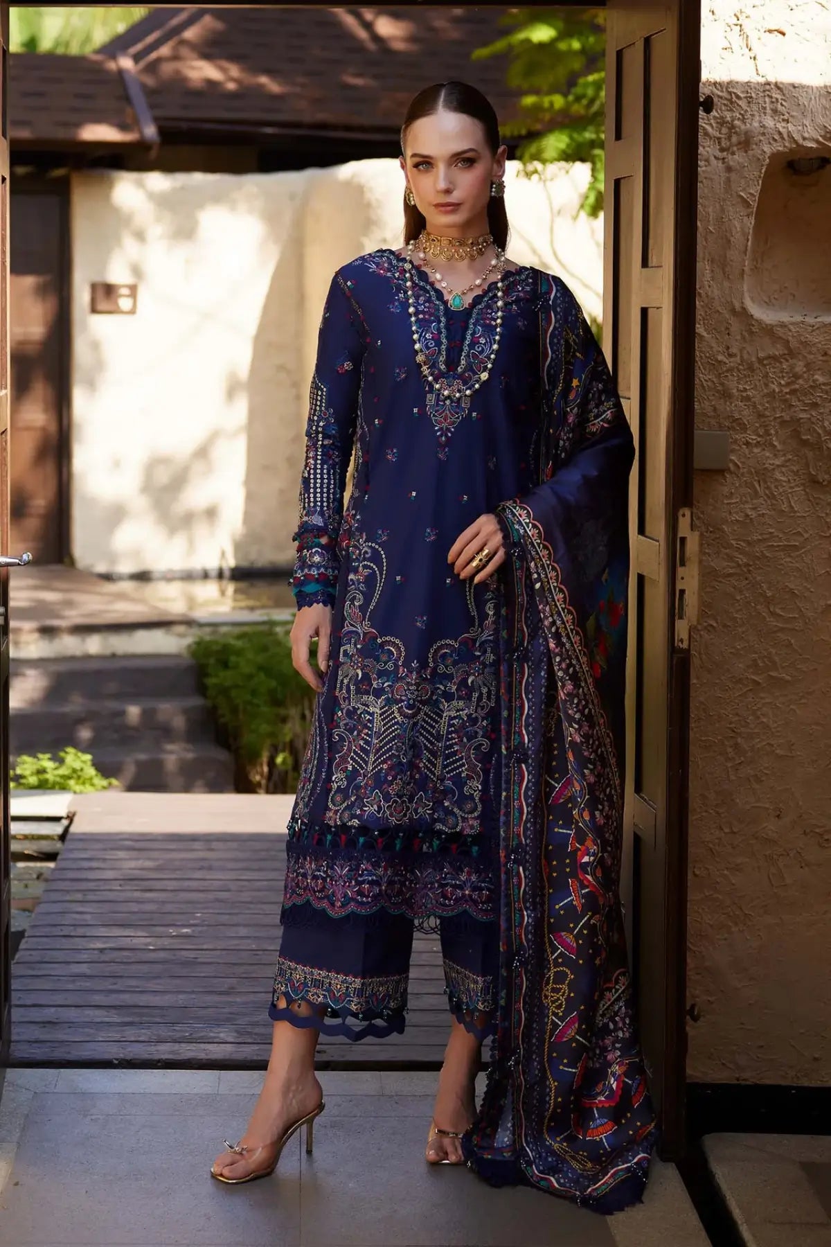 Kanwal Malik midnight navy stitched lawn suit Mehrin with multicolor threadwork and printed silk dupatta Pakistanimoda