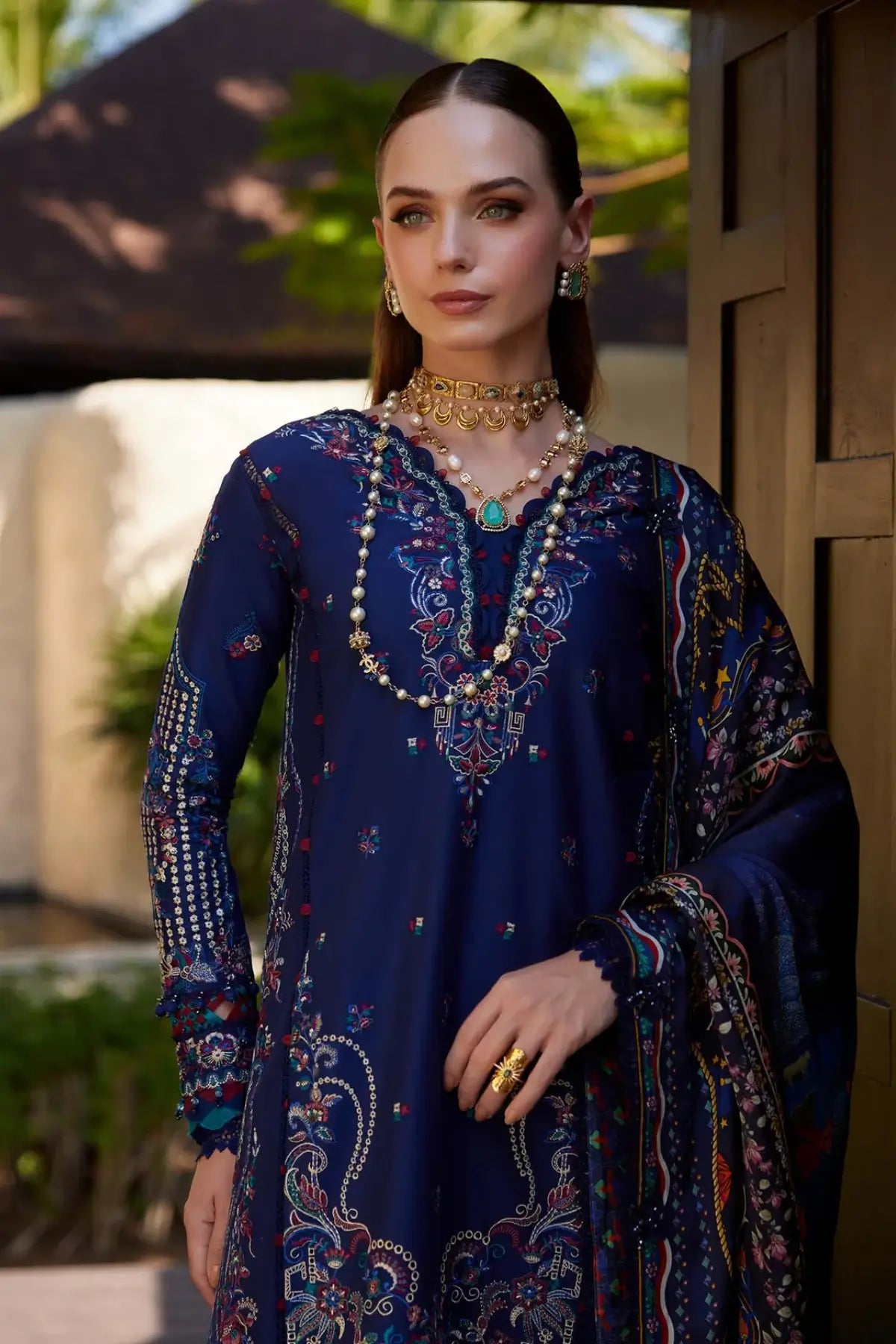 Kanwal Malik midnight navy stitched lawn suit Mehrin with multicolor threadwork and printed silk dupatta Pakistanimoda