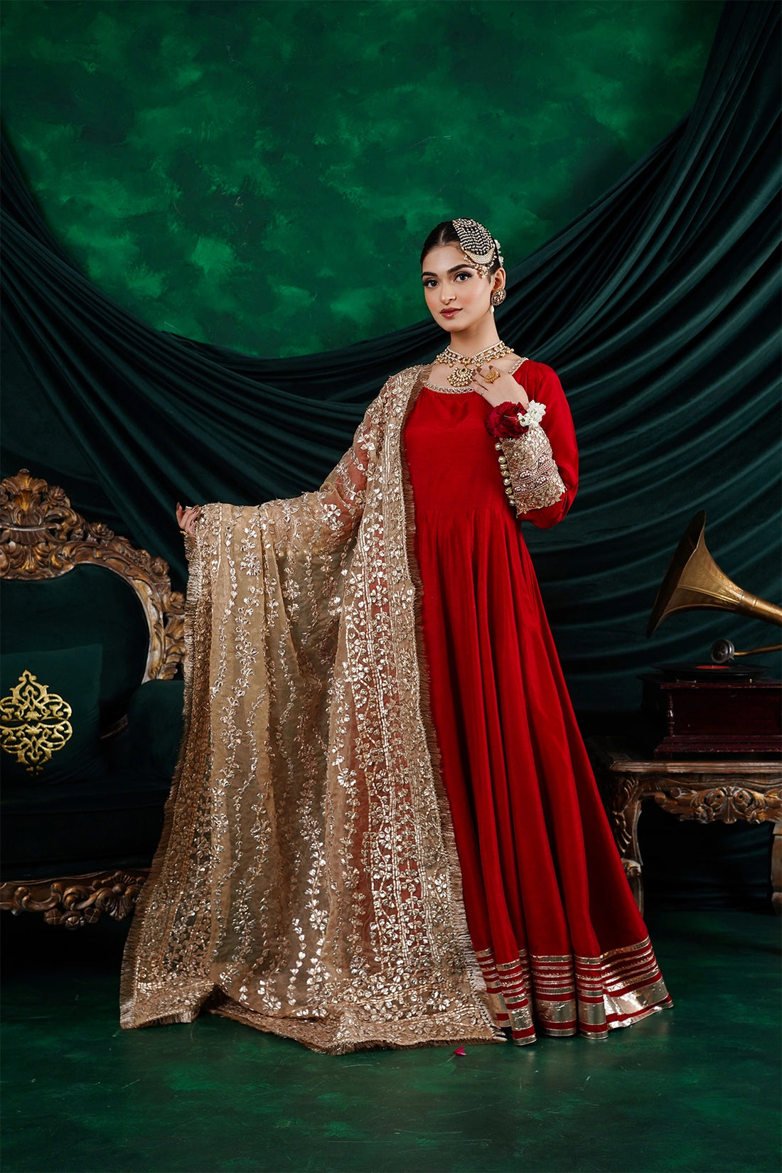 Mehrosh crimson red Korean silk Nazakat Eid festive Anarkali with gold organza dupatta and straight pants by MariamRaj