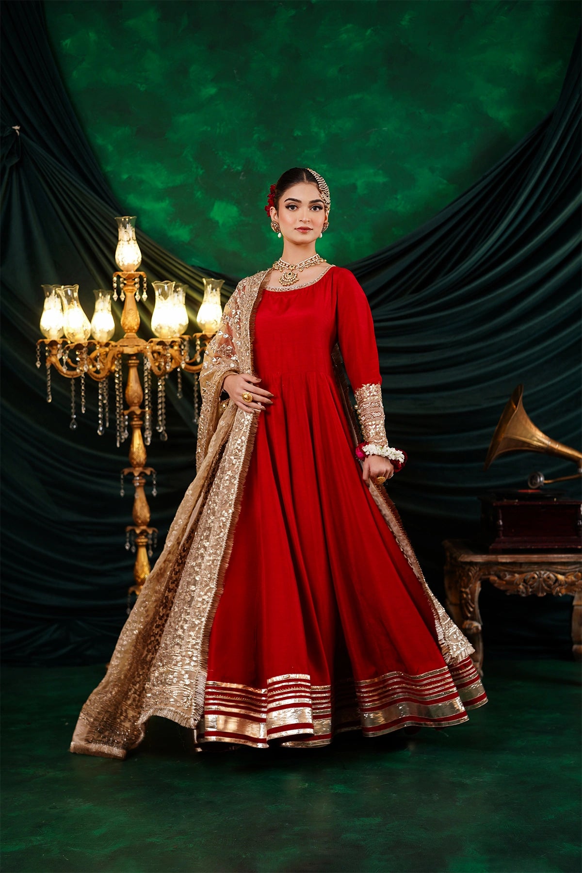 Mehrosh crimson red Korean silk Nazakat Eid festive Anarkali with gold organza dupatta and straight pants by MariamRaj