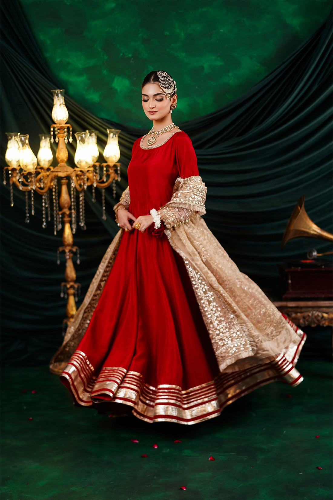 Mehrosh crimson red Korean silk Nazakat Eid festive Anarkali with gold organza dupatta and straight pants by MariamRaj