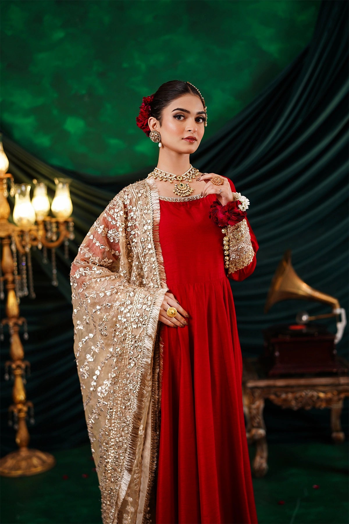 Mehrosh crimson red Korean silk Nazakat Eid festive Anarkali with gold organza dupatta and straight pants by MariamRaj