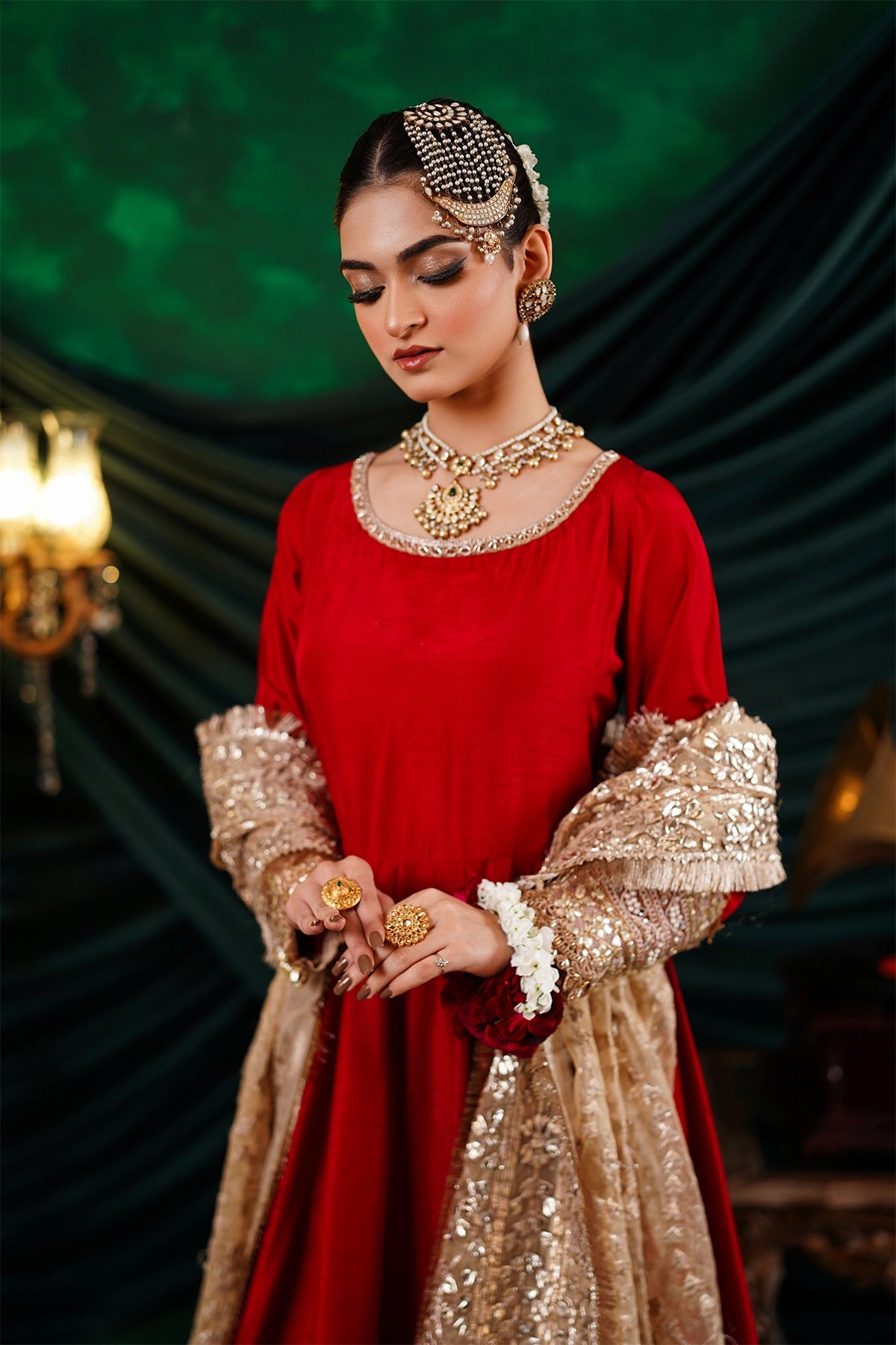 Mehrosh crimson red Korean silk Nazakat Eid festive Anarkali with gold organza dupatta and straight pants by MariamRaj