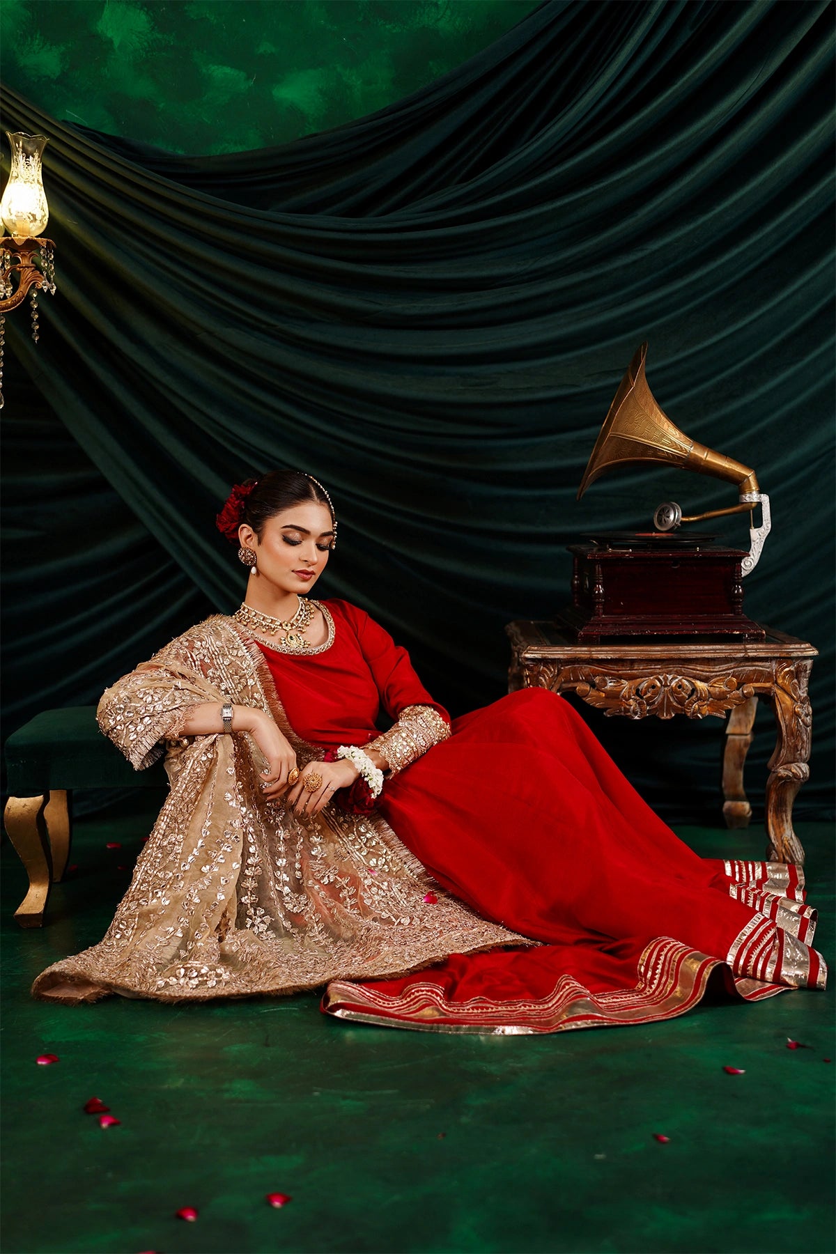 Mehrosh crimson red Korean silk Nazakat Eid festive Anarkali with gold organza dupatta and straight pants by MariamRaj