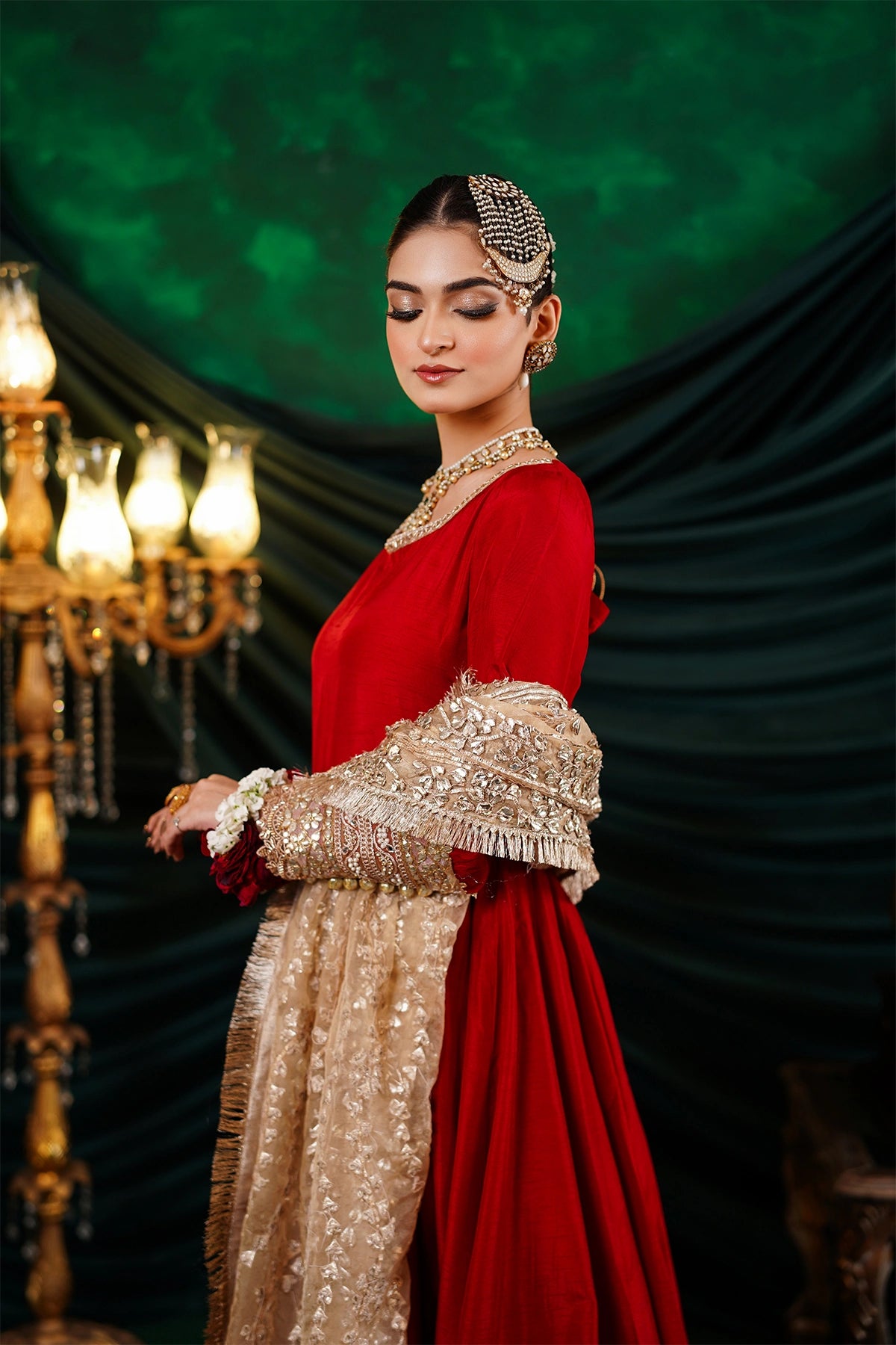 Mehrosh crimson red Korean silk Nazakat Eid festive Anarkali with gold organza dupatta and straight pants by MariamRaj