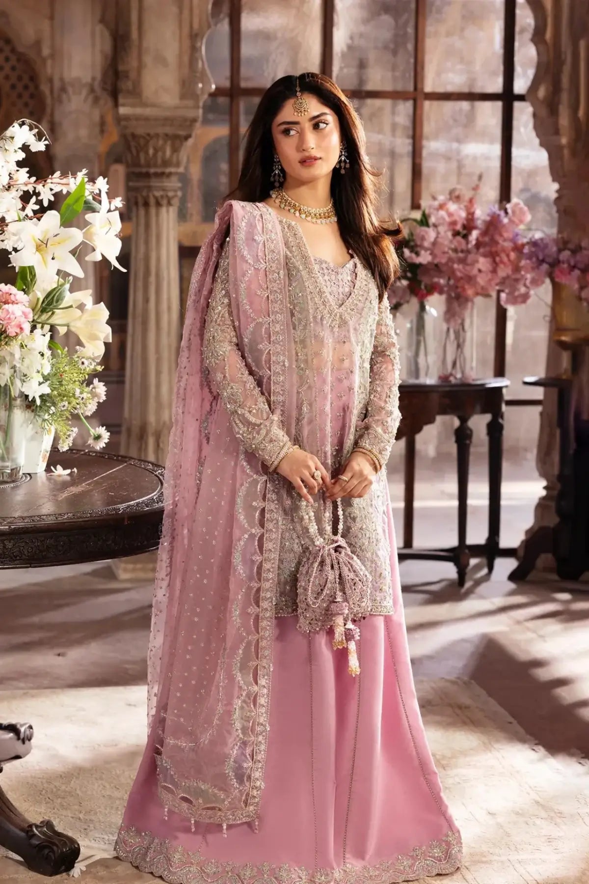 Mehru Bubblegum Pink Organza Pakistani Stitched Formal Suit – Maahi Festive 26