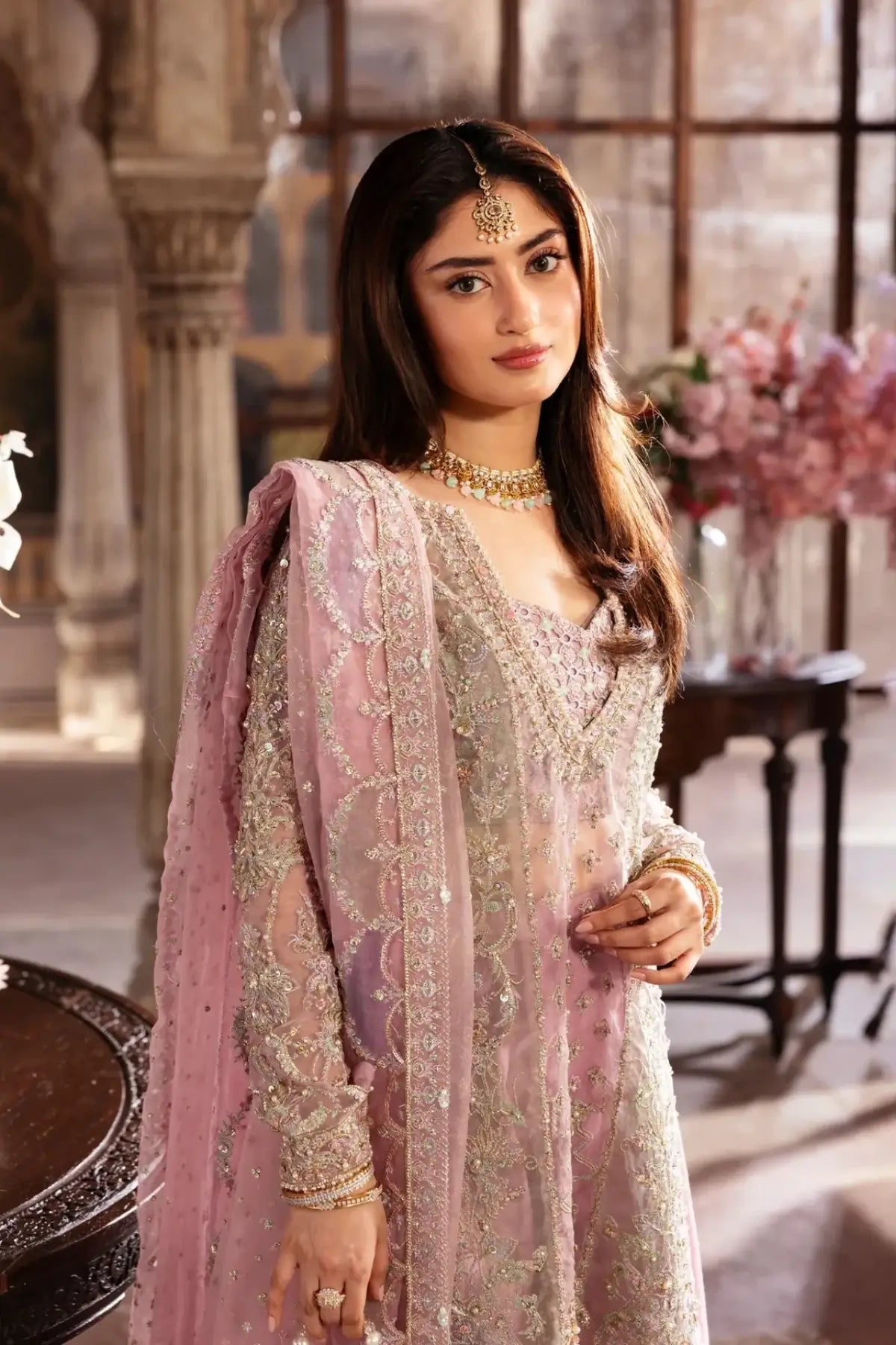 Mehru Bubblegum Pink Organza Pakistani Stitched Formal Suit – Maahi Festive 26