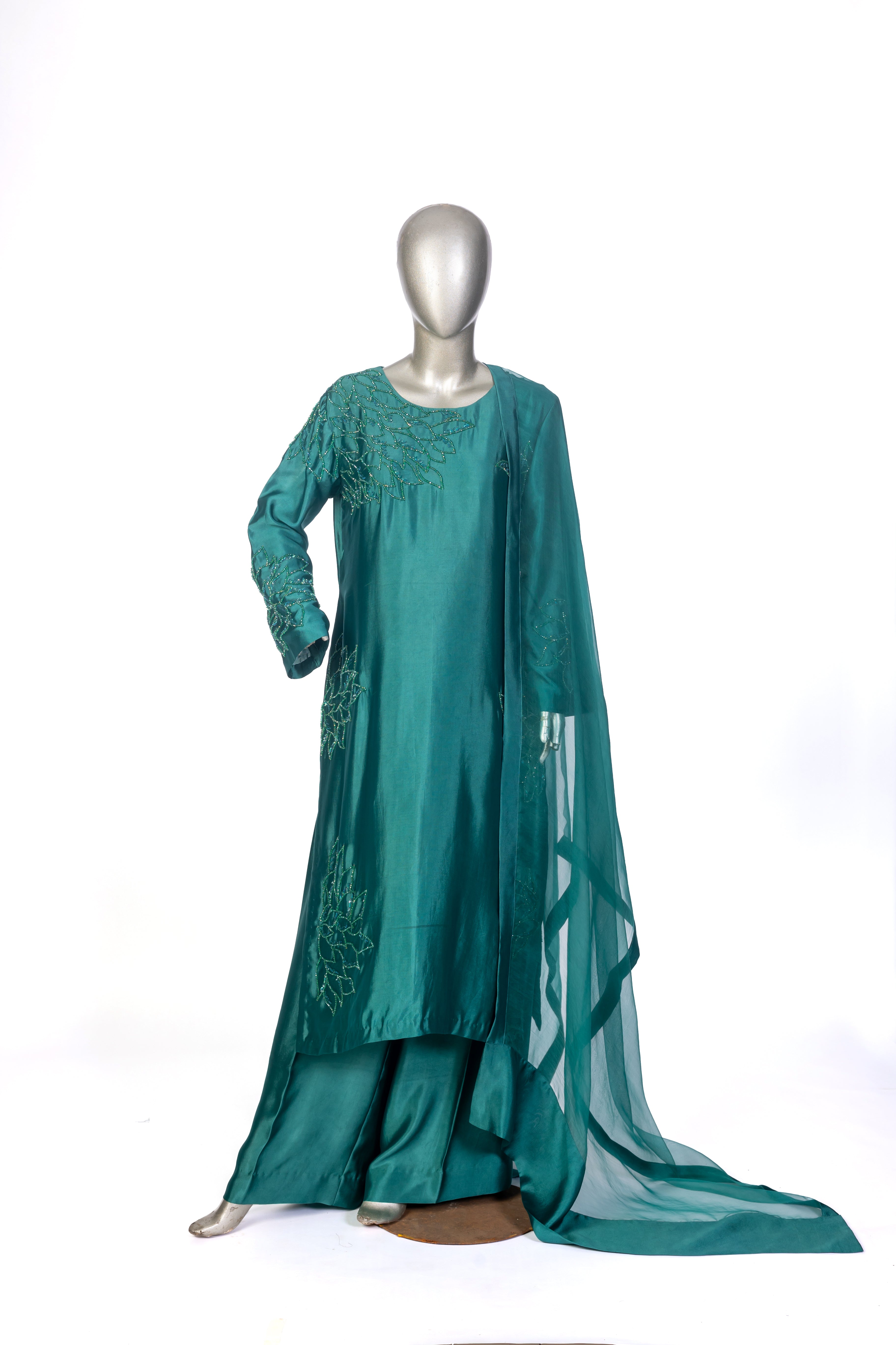 Mehruk – Emerald Green Sheesha Silk Outfit with Luxury Handwork