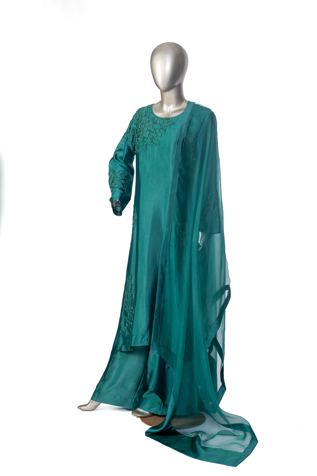 Mehruk – Emerald Green Sheesha Silk Outfit with Luxury Handwork
