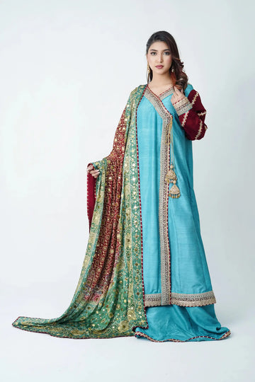 Mehrunisa ferozi maroon Korean silk angrakha 3PC formal suit with kamdani shawl by MariamRaj