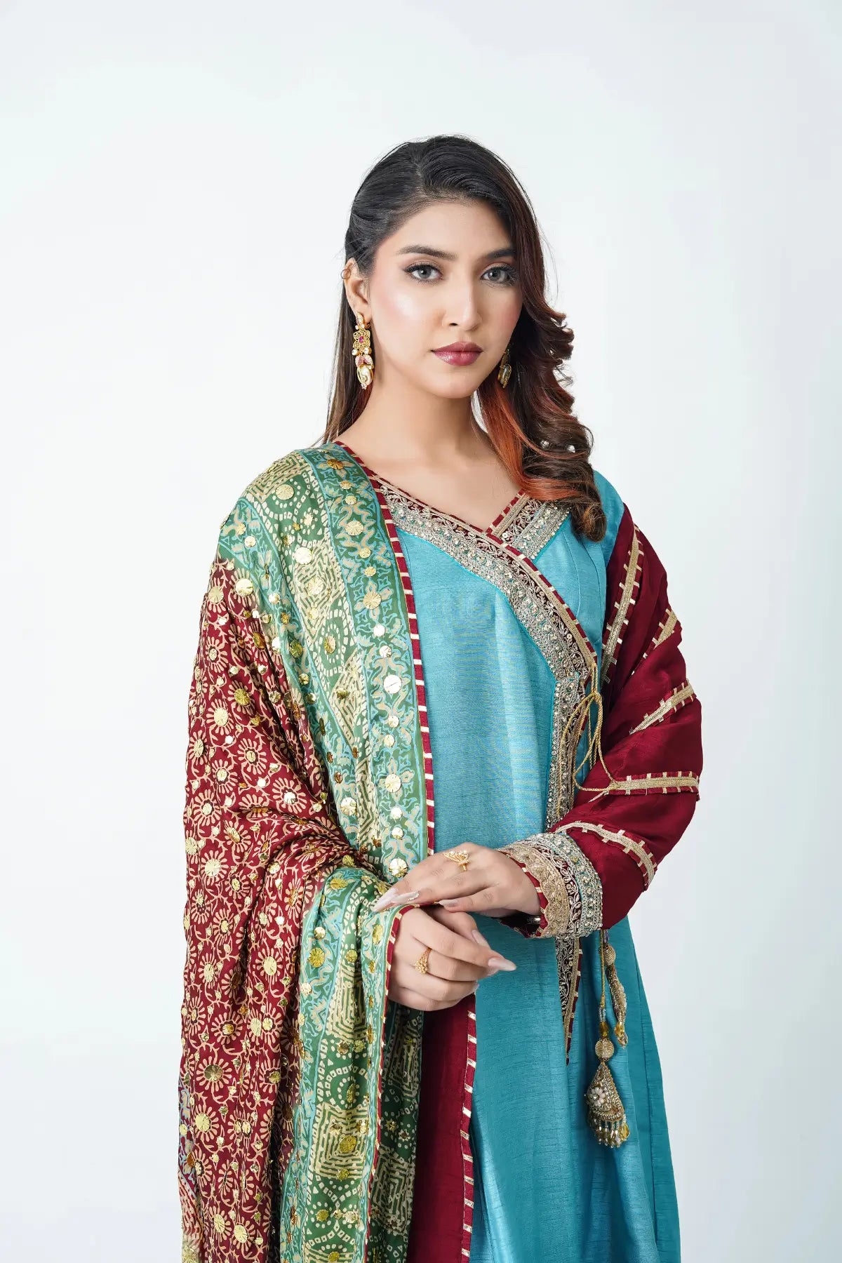 Mehrunisa ferozi maroon Korean silk angrakha 3PC formal suit with kamdani shawl by MariamRaj