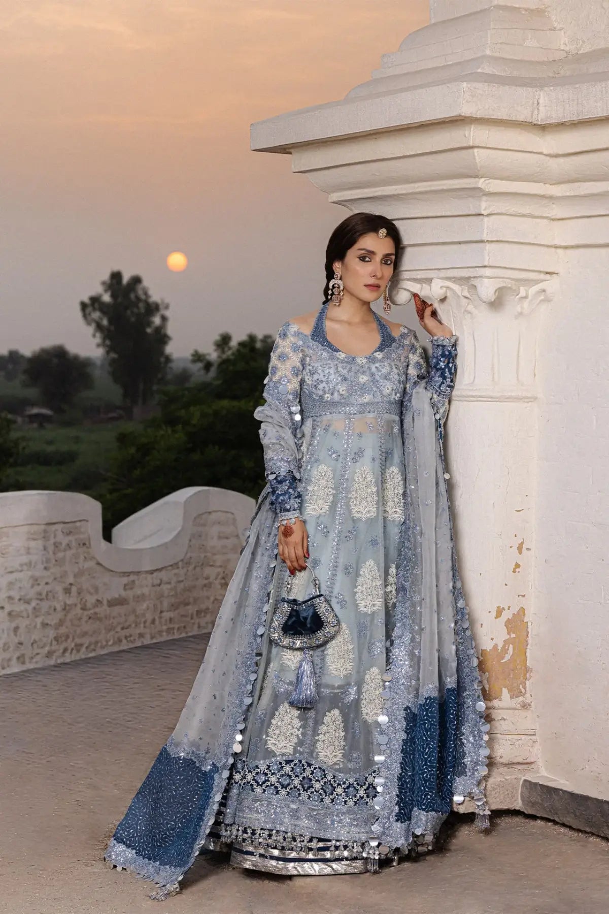 Mehtab Hussain Rehar ice blue embroidered organza stitched Peshwas with Korean raw silk sharara and organza dupatta