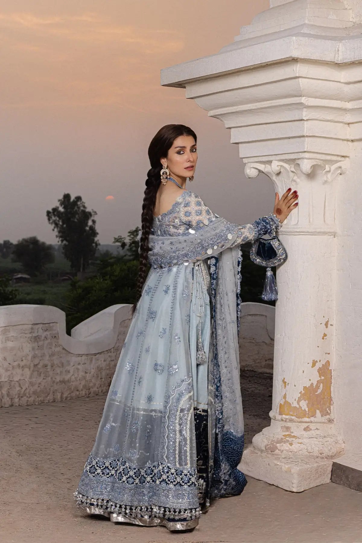 Mehtab Hussain Rehar ice blue embroidered organza stitched Peshwas with Korean raw silk sharara and organza dupatta