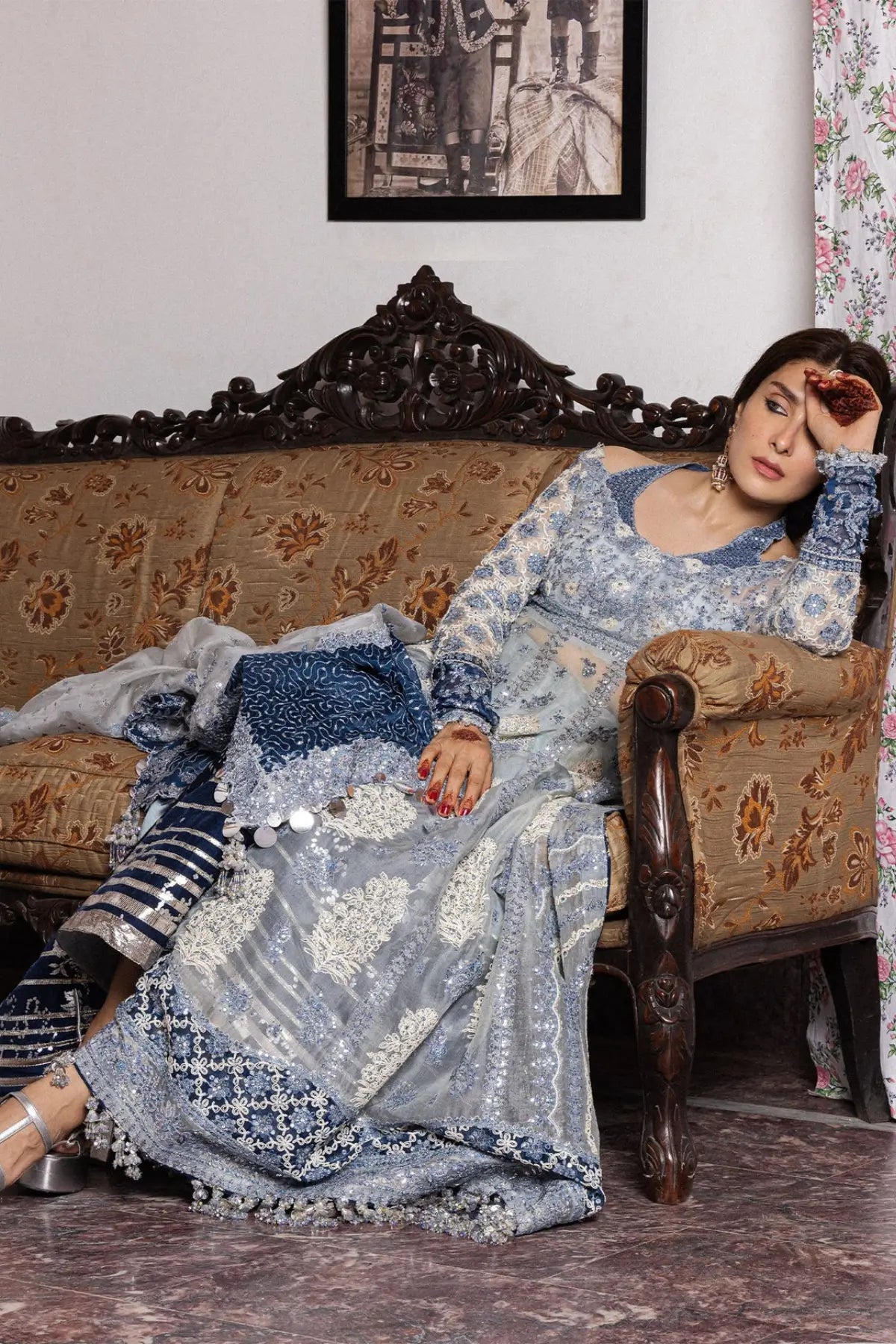Mehtab Hussain Rehar ice blue embroidered organza stitched Peshwas with Korean raw silk sharara and organza dupatta