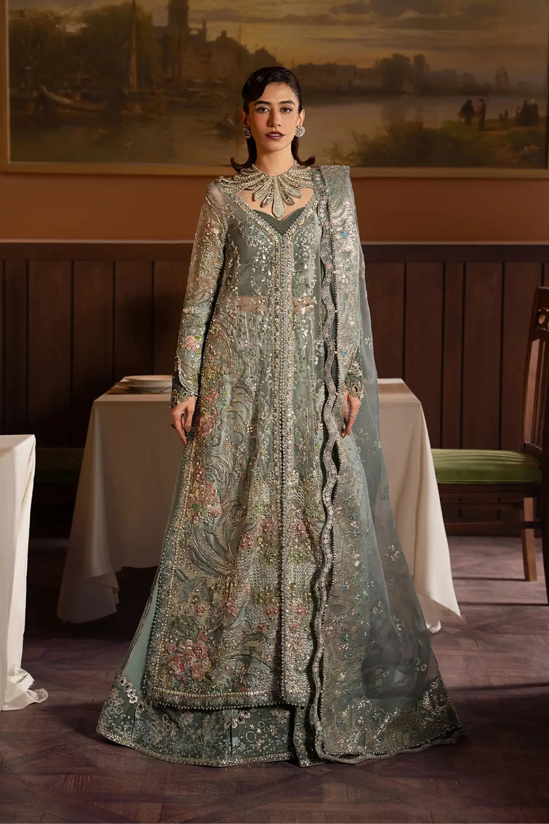 Mehves Afrozeh sage green stitched formal dress with organza shirt antique silver hand embellishment and rawsilk dupatta