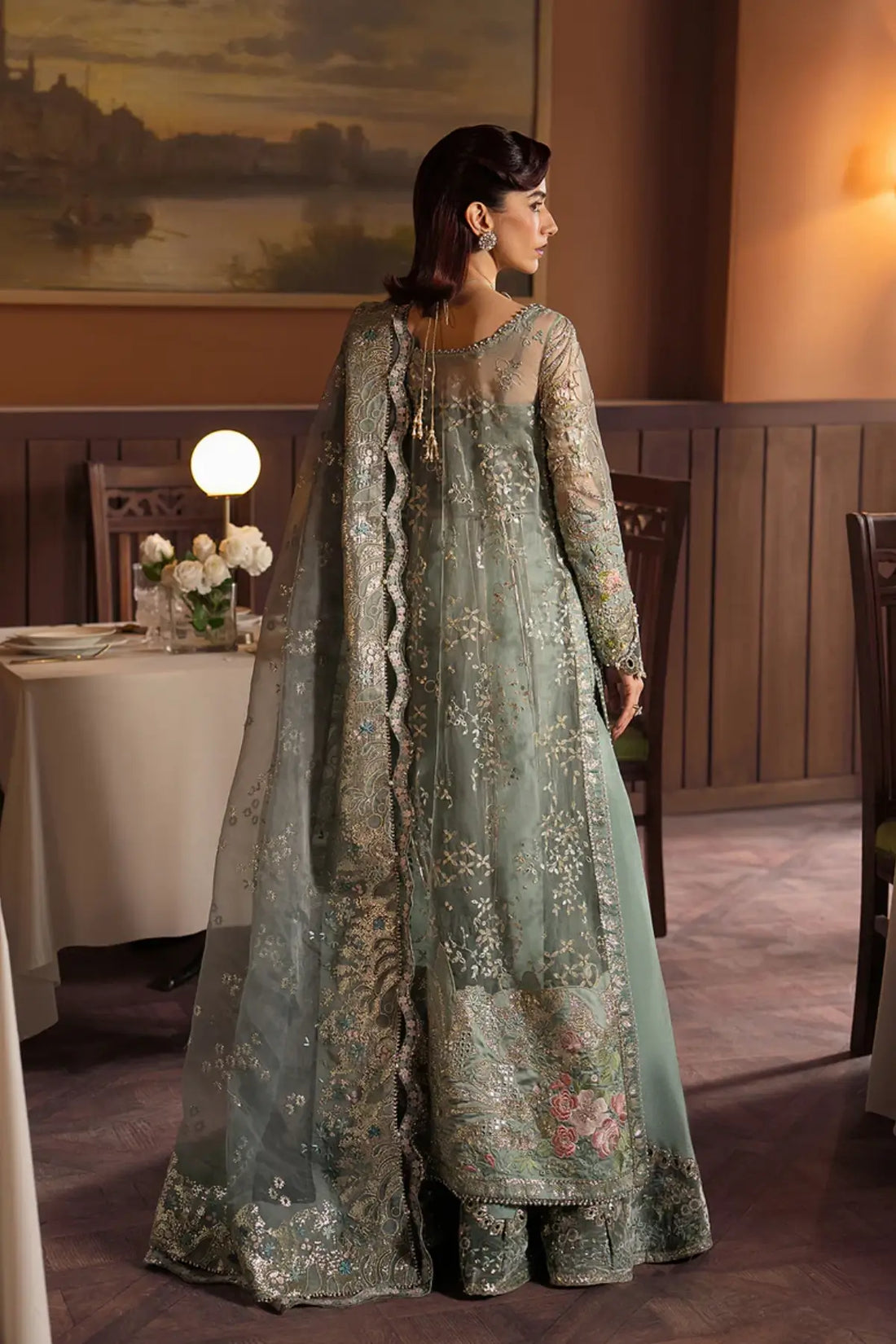 Mehves Afrozeh sage green stitched formal dress with organza shirt antique silver hand embellishment and rawsilk dupatta