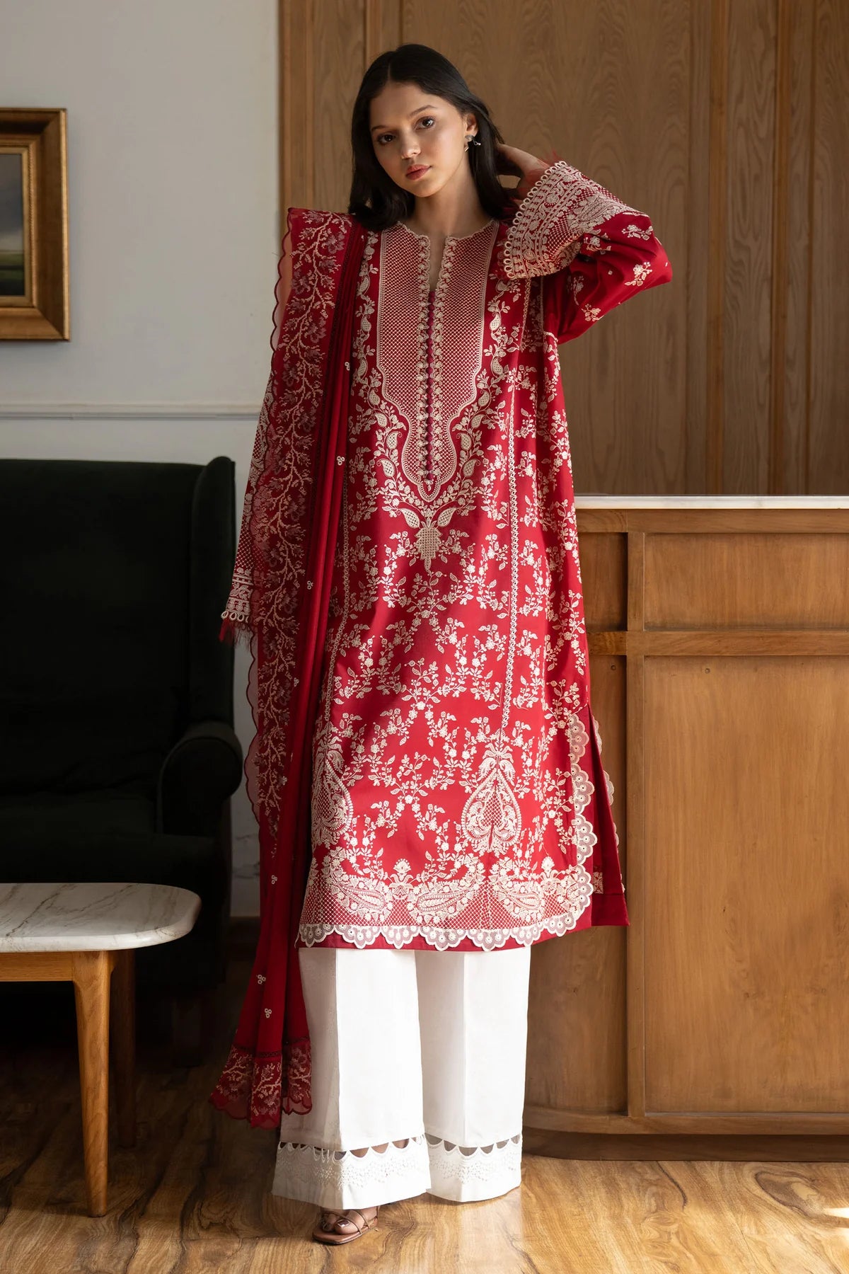 Mei-8A- Embroidered Red Lawn Ensemble By- Zara Shahjahan