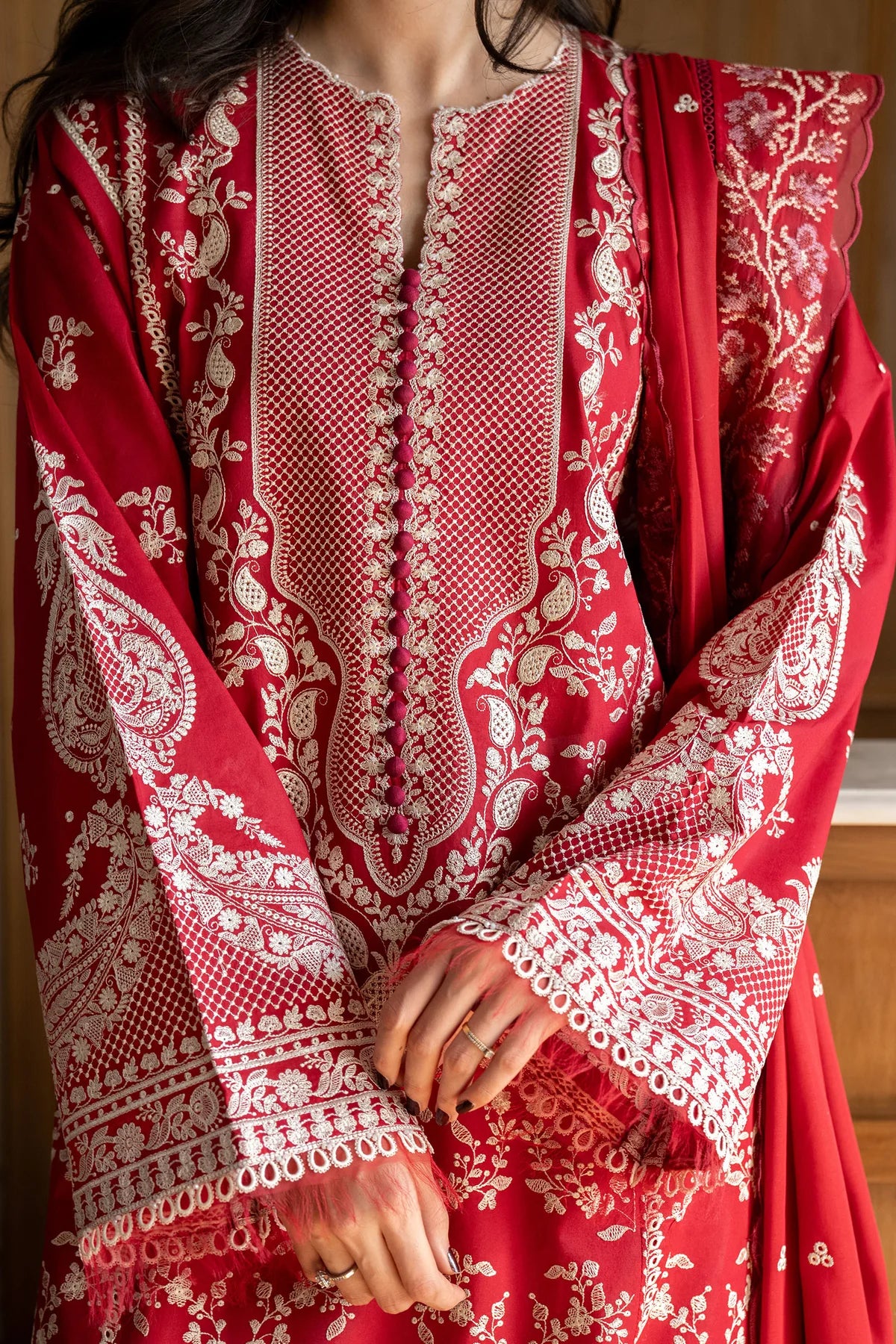 Mei-8A- Embroidered Red Lawn Ensemble By- Zara Shahjahan