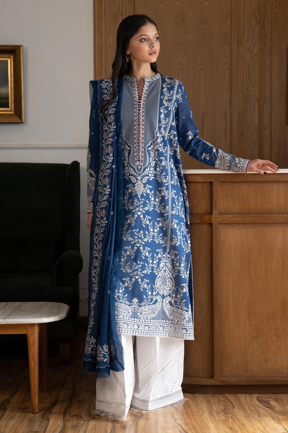 Mei-8B- Embroidered Blue Lawn Ensemble By- Zara Shahjahan