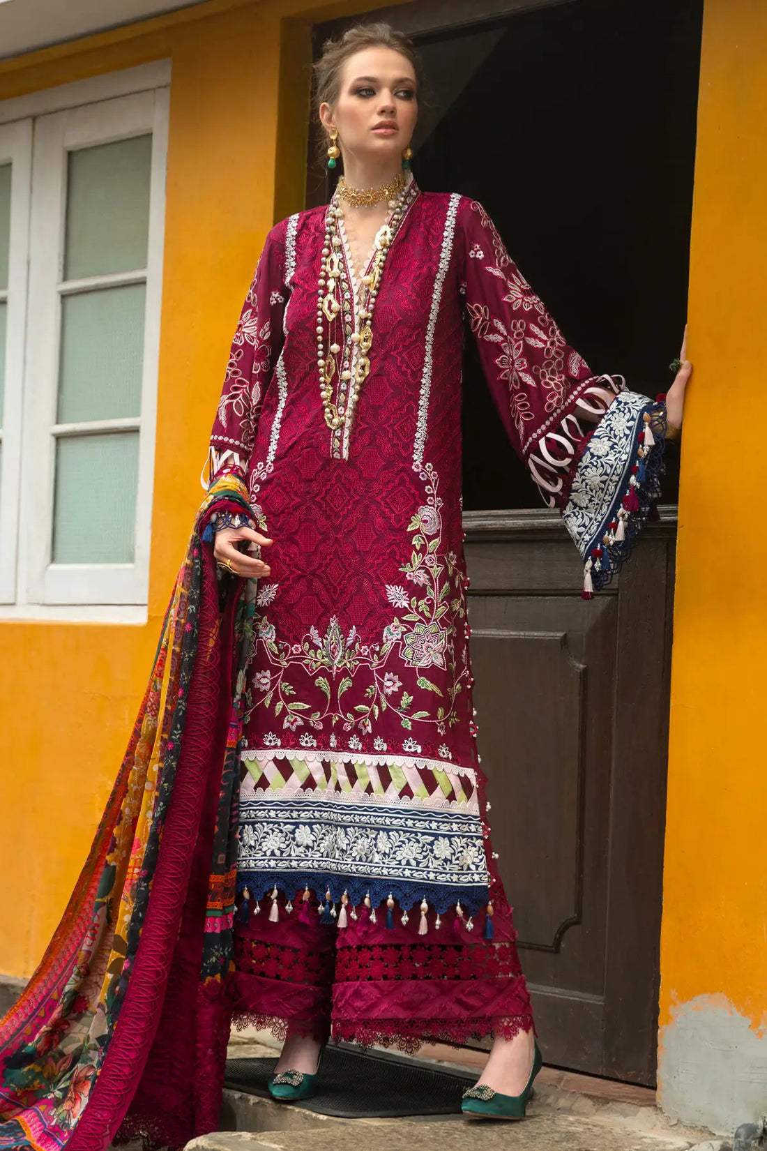 Annus Abrar Melia embroidered maroon lawn outfit Pakistanimoda
