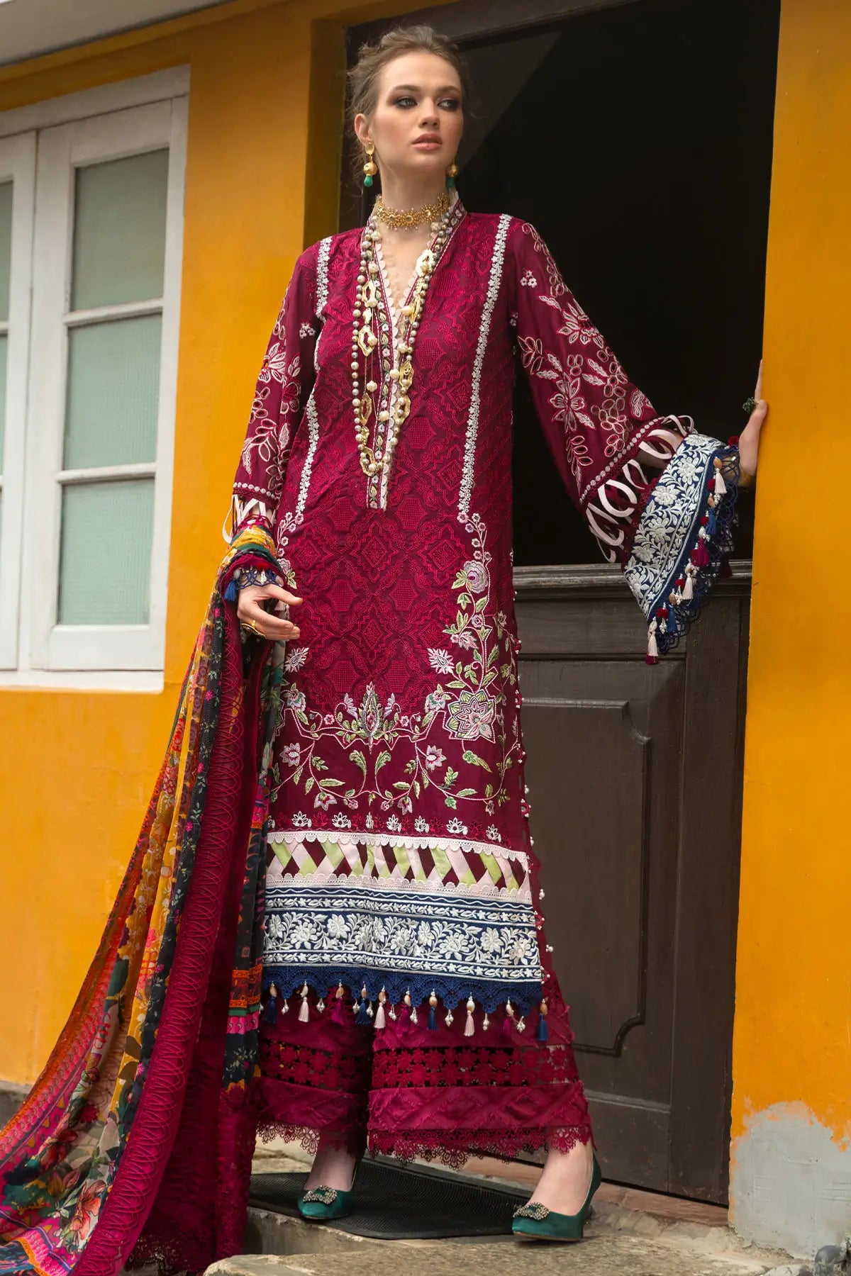 Annus Abrar Melia embroidered maroon lawn outfit Pakistanimoda