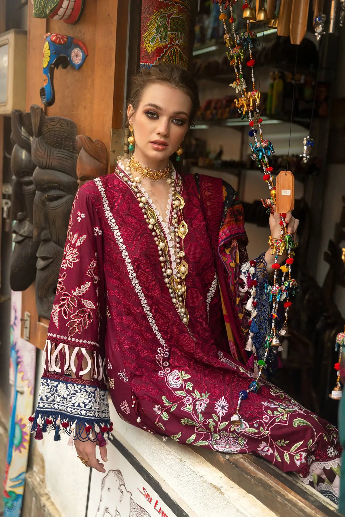 Annus Abrar Melia embroidered maroon lawn outfit Pakistanimoda