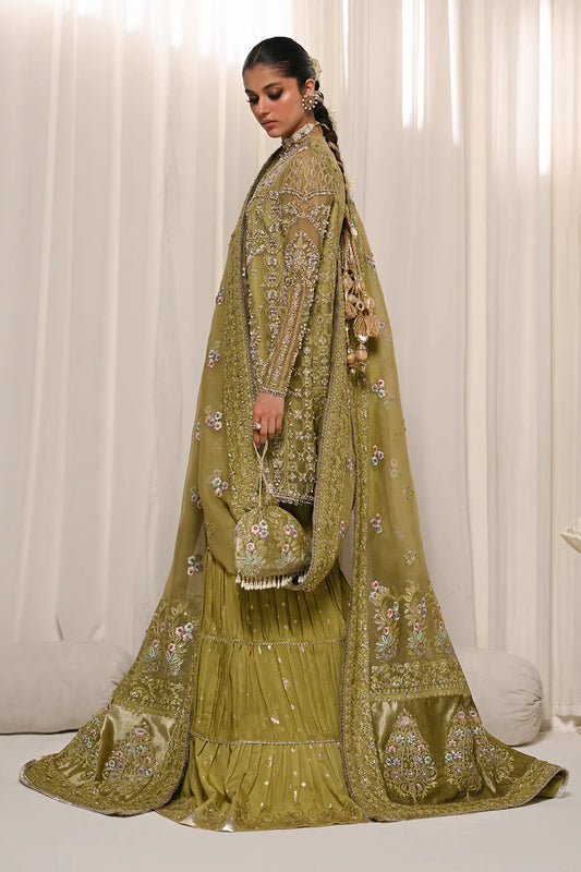 Meraki- Floral embroidered olive green dress with sharara for festive wear By- Saad Bin Shahzad