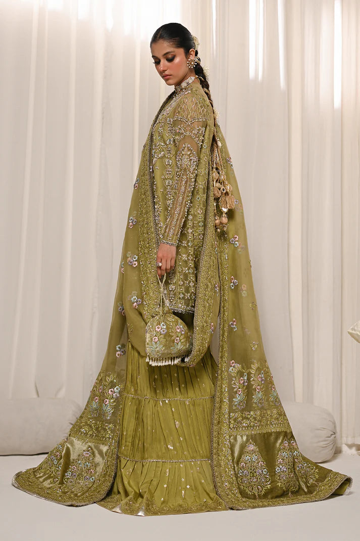 Meraki- Floral embroidered olive green dress with sharara for festive wear By- Saad Bin Shahzad