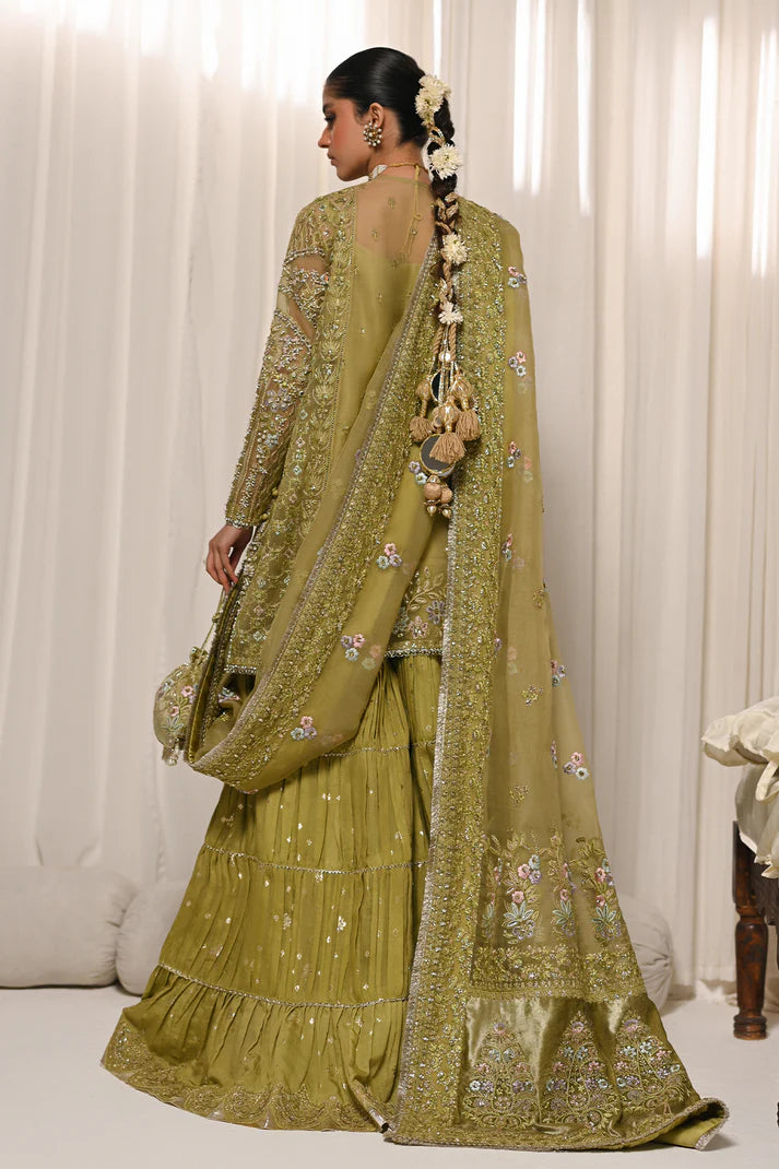 Meraki- Floral embroidered olive green dress with sharara for festive wear By- Saad Bin Shahzad