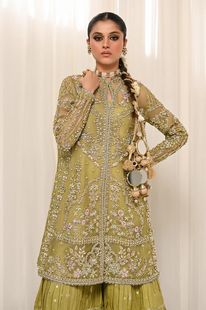 Meraki- Floral embroidered olive green dress with sharara for festive wear By- Saad Bin Shahzad