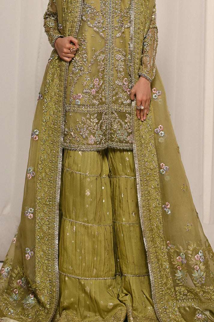Meraki- Floral embroidered olive green dress with sharara for festive wear By- Saad Bin Shahzad