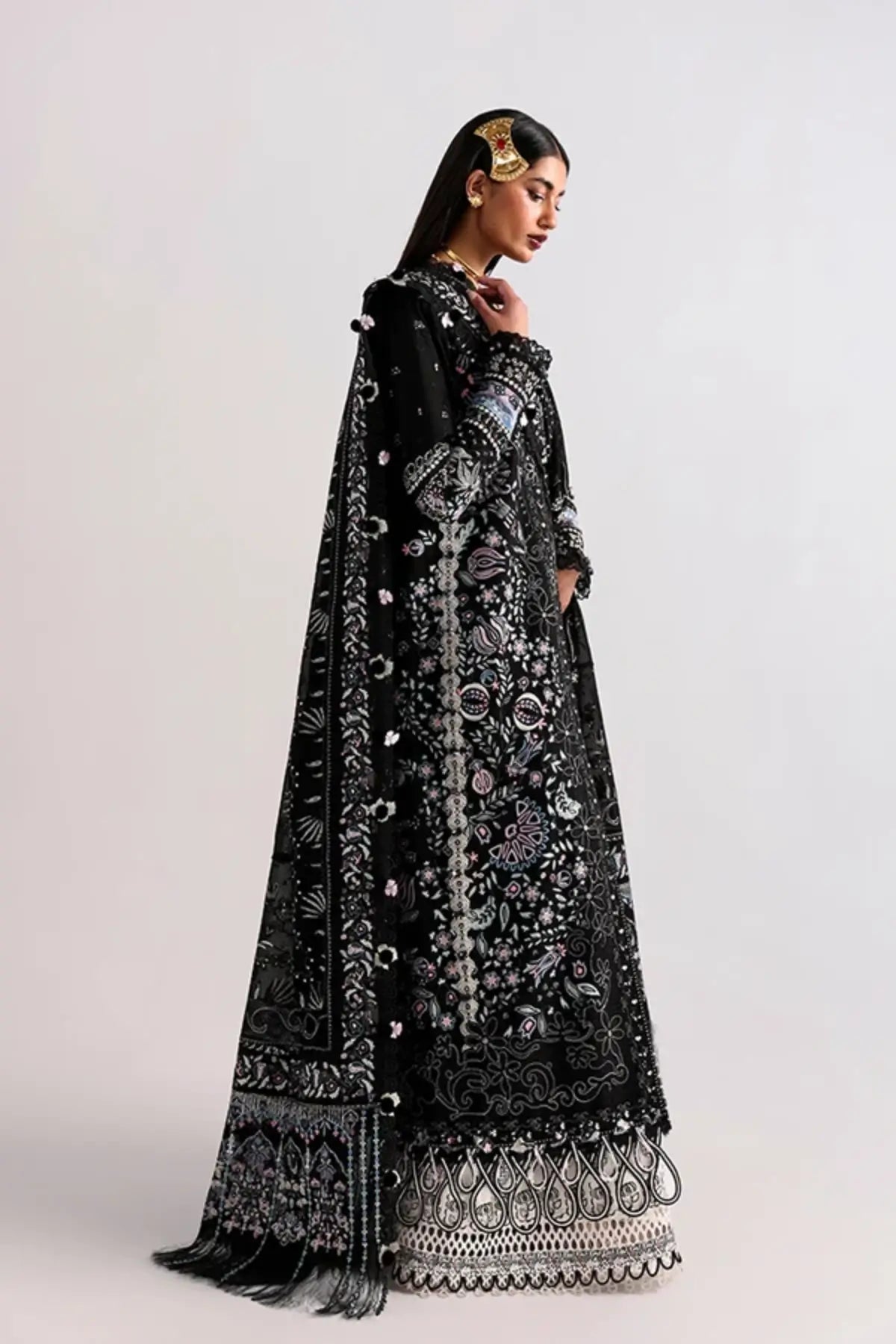 Meravi black statement embroidered lawn suit by Suffuse with chiffon dupatta