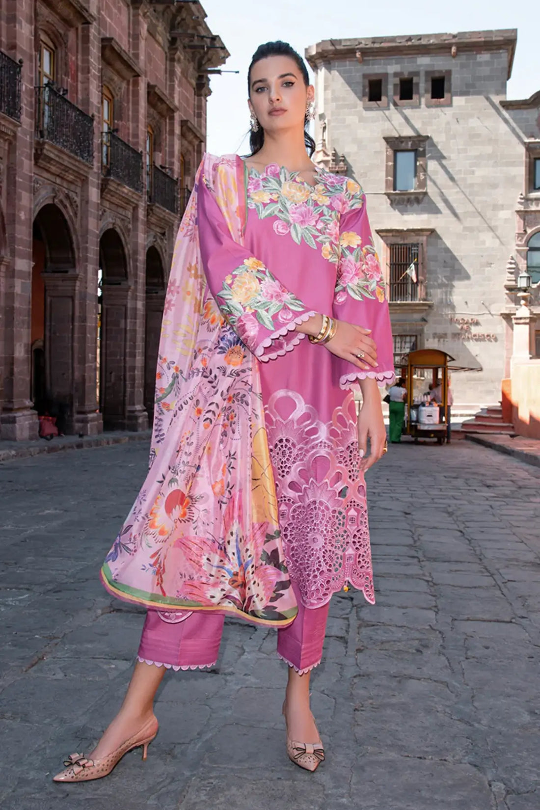 Meredith bright pink stitched lawn 3PC suit by Mushq with chikankari embroidery and silk dupatta