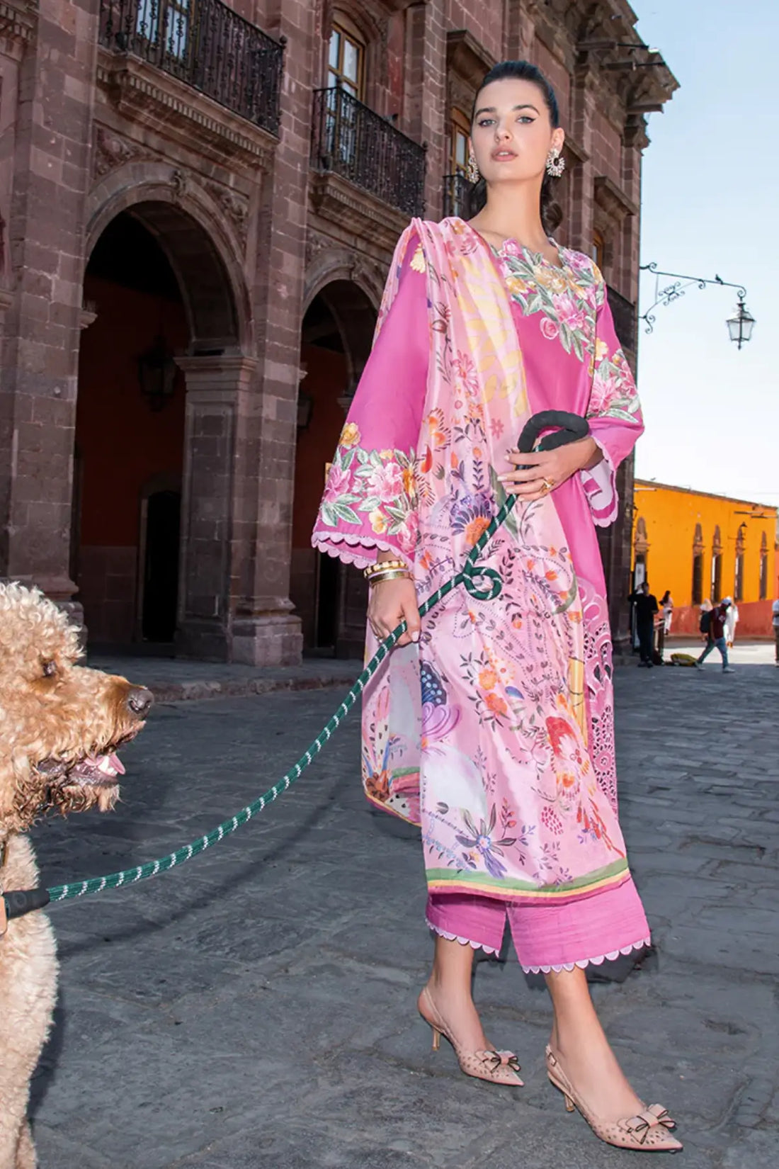 Meredith bright pink stitched lawn 3PC suit by Mushq with chikankari embroidery and silk dupatta