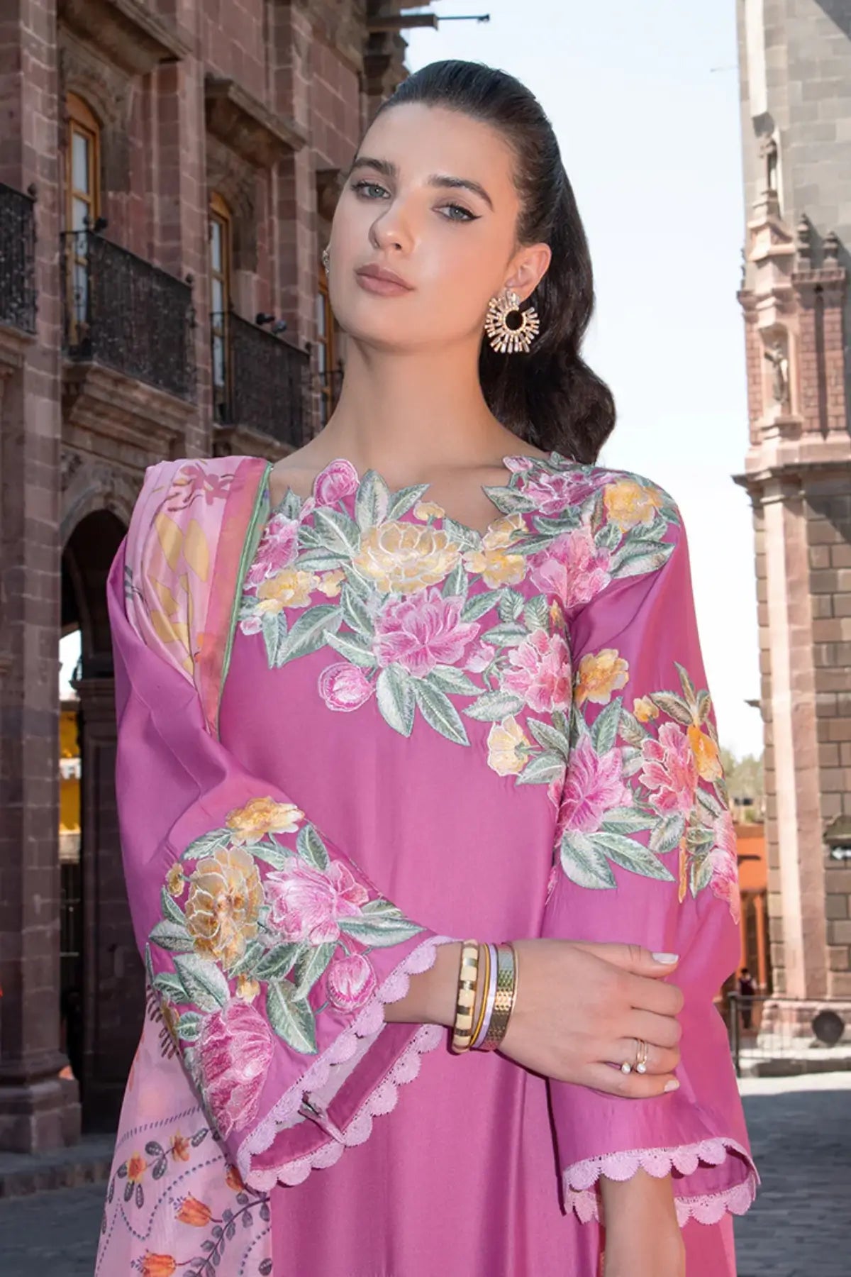 Meredith bright pink stitched lawn 3PC suit by Mushq with chikankari embroidery and silk dupatta