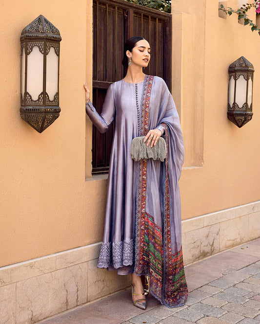 Mersera- Mauve Grey Silk Kalidaar Outfit By-Faiza Saqlain