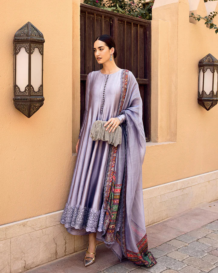Mersera- Mauve Grey Silk Kalidaar Outfit By-Faiza Saqlain