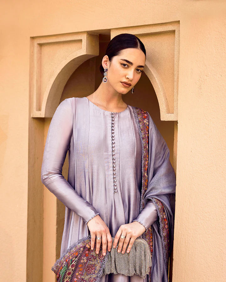 Mersera- Mauve Grey Silk Kalidaar Outfit By-Faiza Saqlain