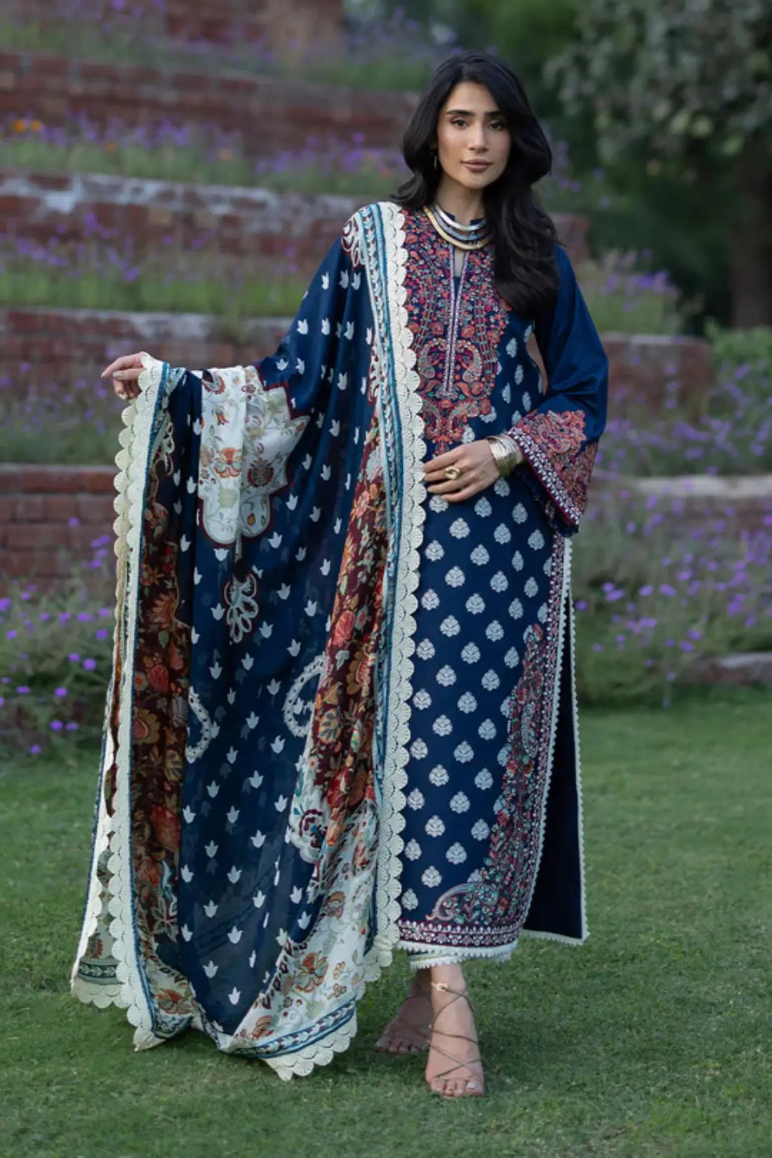 Mesa 08 navy embroidered stitched lawn 3PC suit with silk dupatta by Zainab Chottani Pakistanimoda