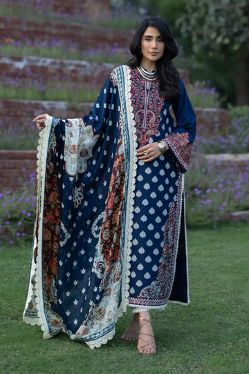 Mesa 08 navy embroidered stitched lawn 3PC suit with silk dupatta by Zainab Chottani Pakistanimoda