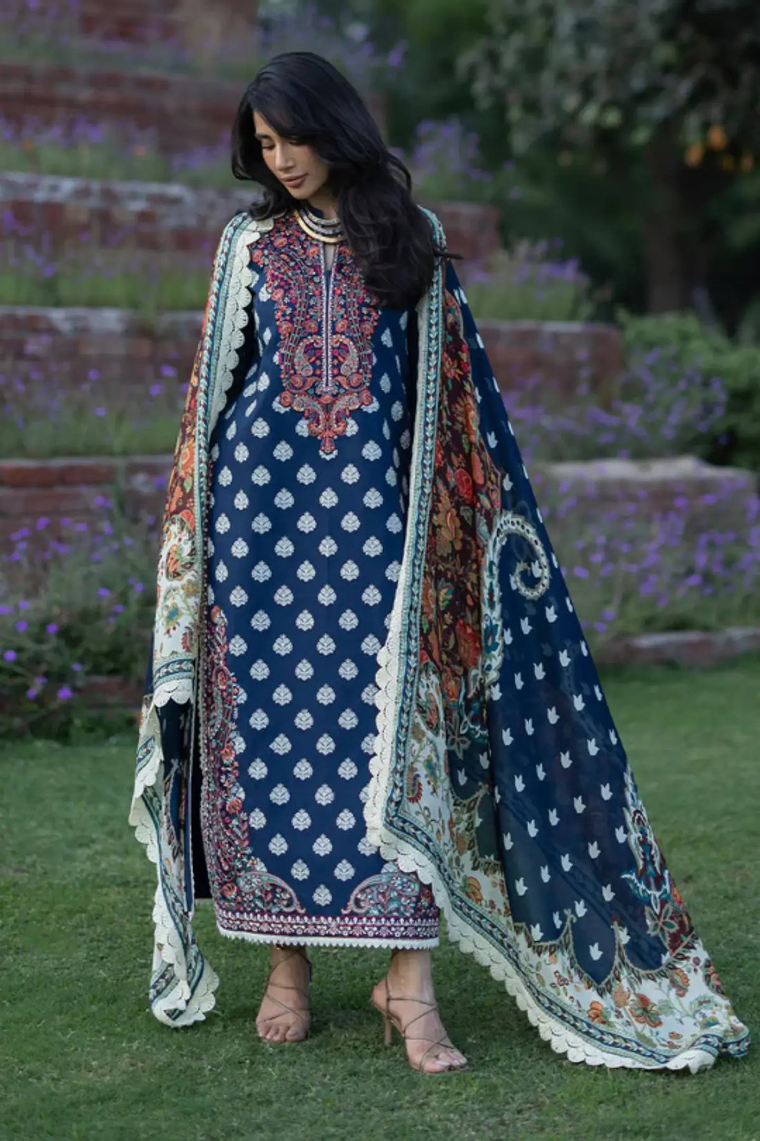 Mesa 08 navy embroidered stitched lawn 3PC suit with silk dupatta by Zainab Chottani Pakistanimoda