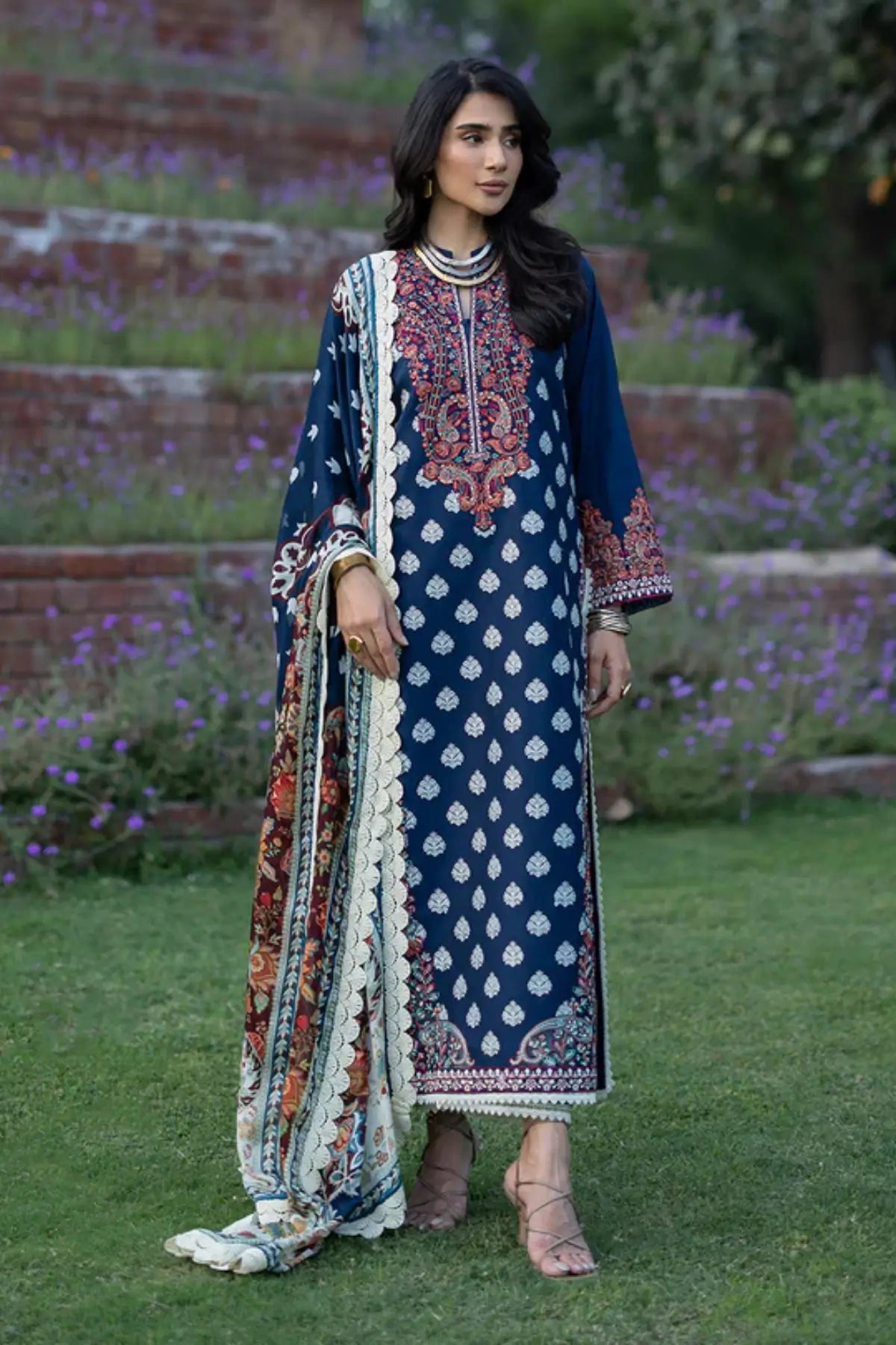 Mesa 08 navy embroidered stitched lawn 3PC suit with silk dupatta by Zainab Chottani Pakistanimoda