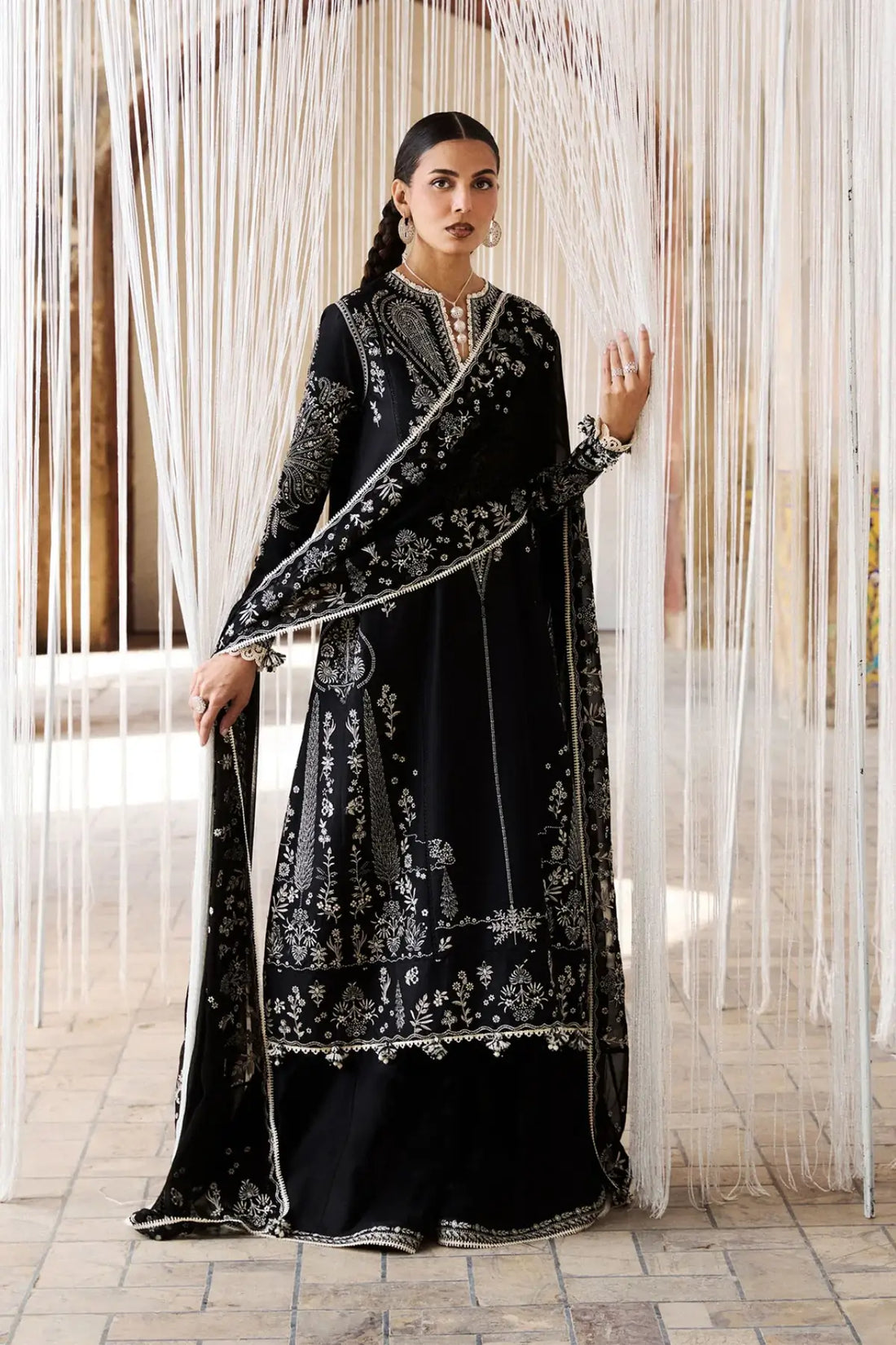 Meshki black statement lawn stitched 3PC suit by Hussain Rehar Pakistanimoda