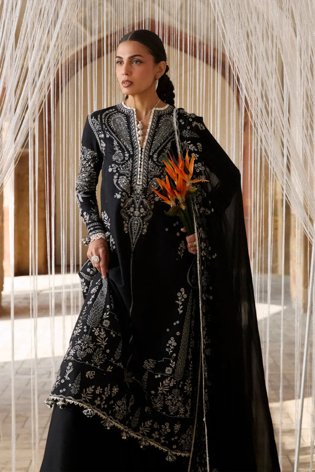 Meshki black statement lawn stitched 3PC suit by Hussain Rehar Pakistanimoda