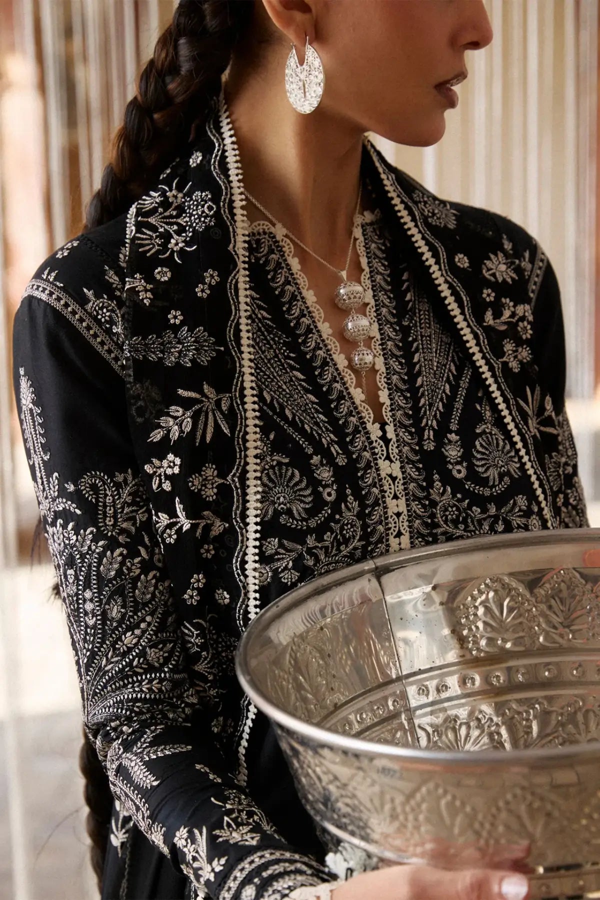 Meshki black statement lawn stitched 3PC suit by Hussain Rehar Pakistanimoda