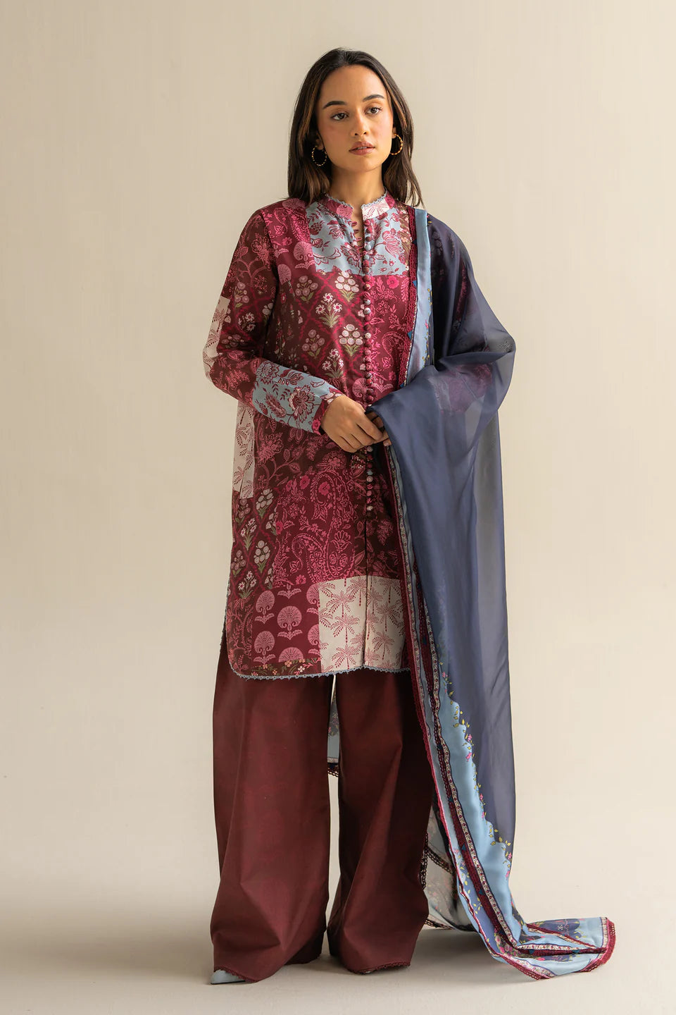 Mevi-5A Pakistani summer lawn outfit with burgundy tones – Coco by Zara Shahjahan