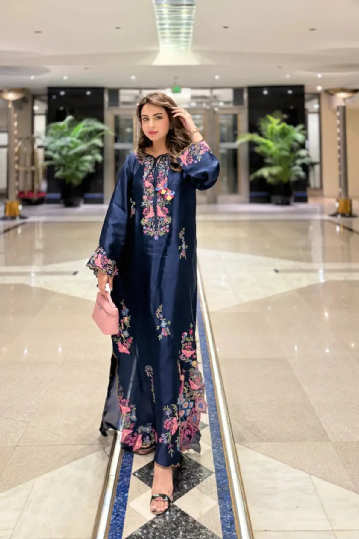 Mia navy blue sheesha silk kaftan stitched for Eid with detailed resham embroidery and cutwork