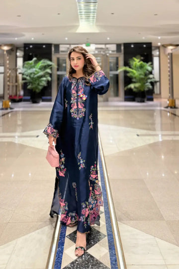 Mia navy blue sheesha silk kaftan stitched for Eid with detailed resham embroidery and cutwork