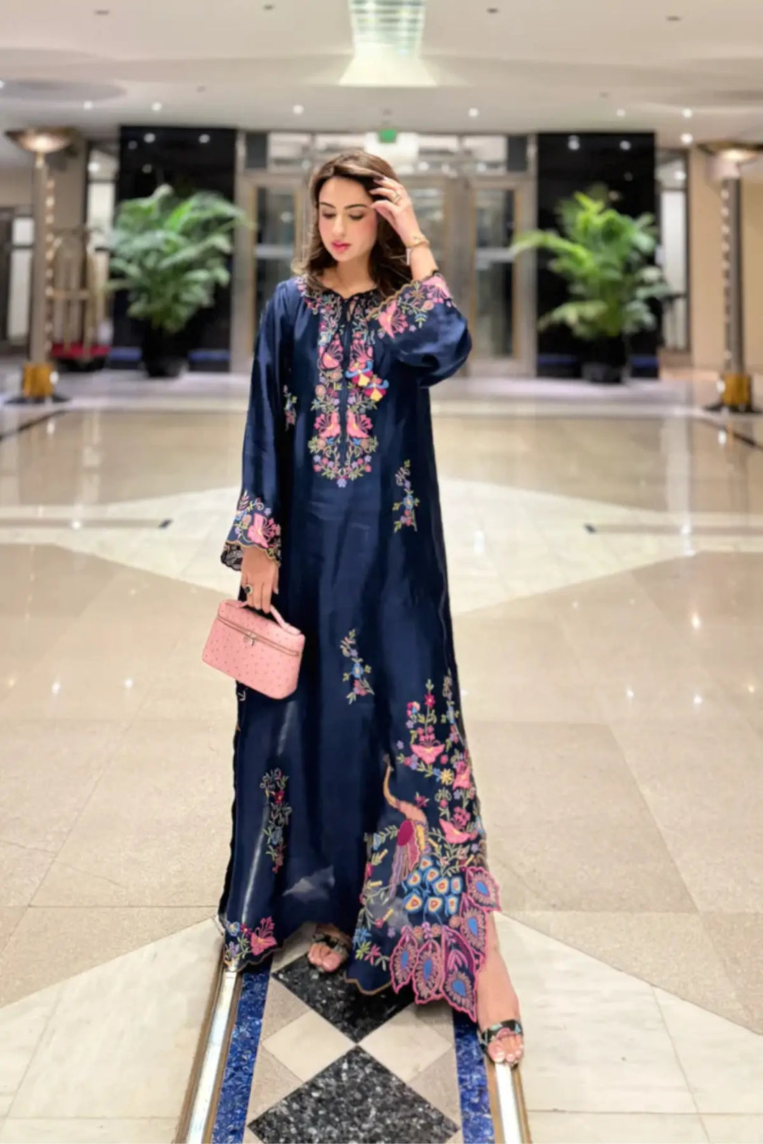 Mia navy blue sheesha silk kaftan stitched for Eid with detailed resham embroidery and cutwork
