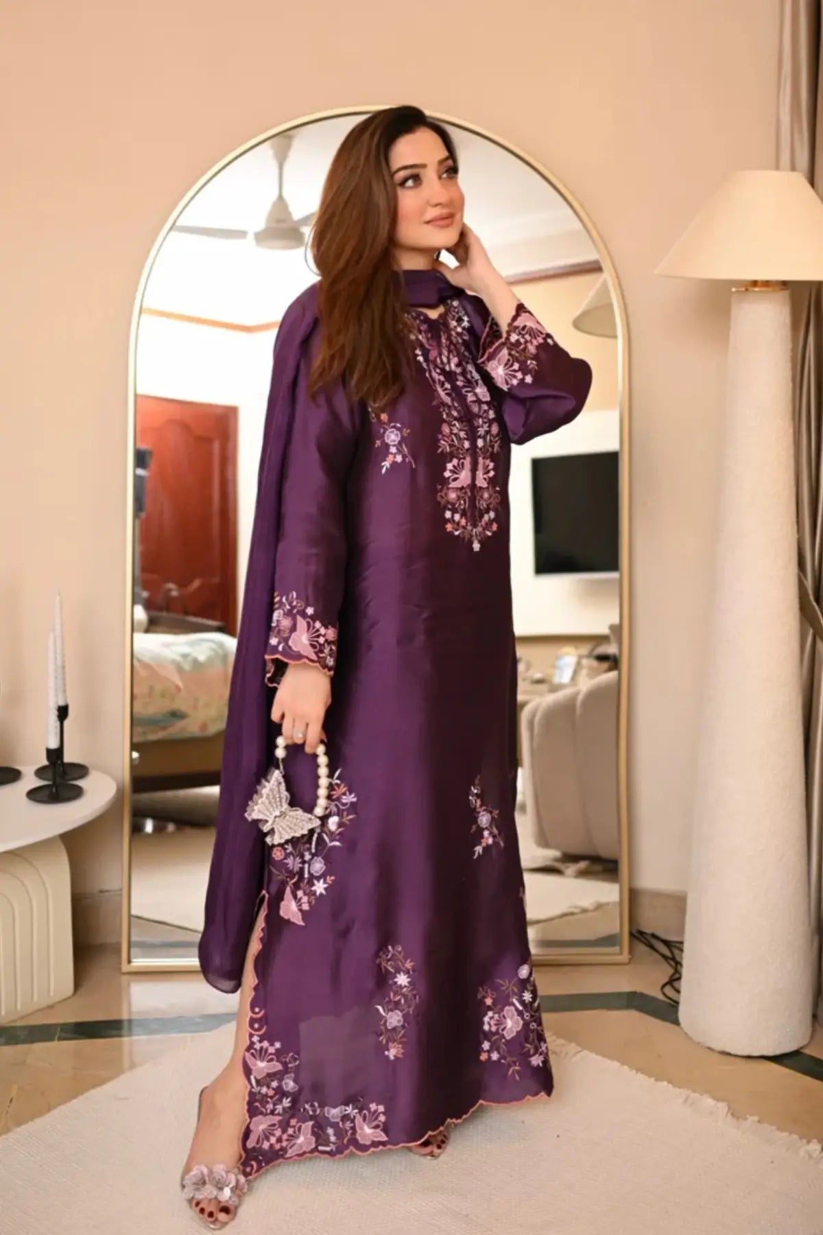 Purple Mia kaftan in sheesha silk with matching dupatta formal stitched look